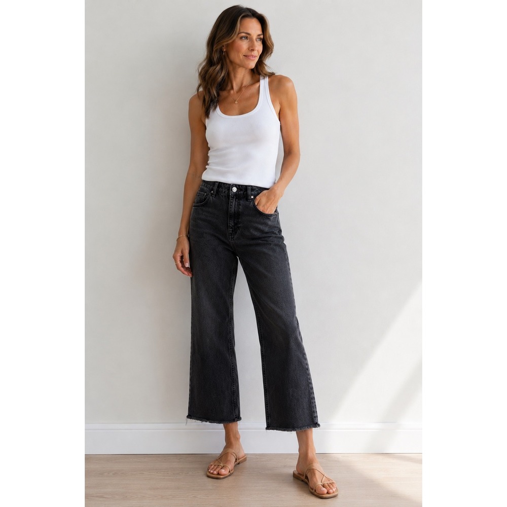 Reclaimed Vintage Inspired Womens High Rise Flared Raw Hem Jeans Washed Black 29